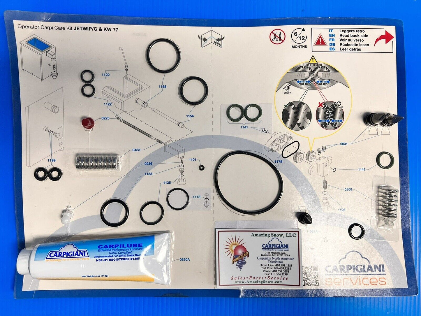 Carpigiani Parts Coldelite  Whipped Cream Machine Tune UP Kit Model KW 77